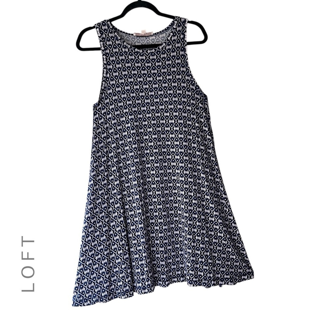 LOFT | NWOT NAVY BLUE & WHITE SLEEVELESS SWING DRESS NAUTICAL ABSTRACT | SMALL